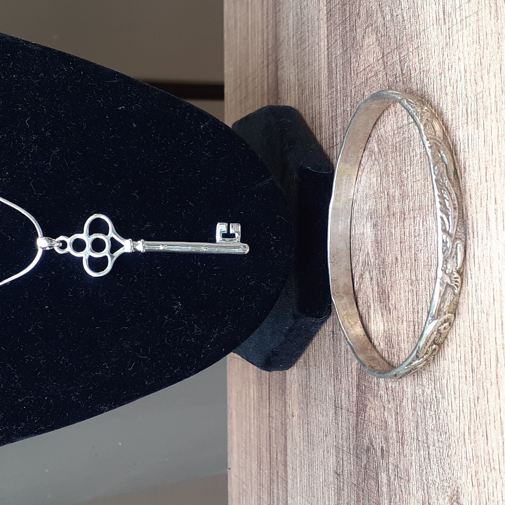 Silver Key Necklace w/ Braided Chain & VTG Bangle Bracelet (Copper Base)
